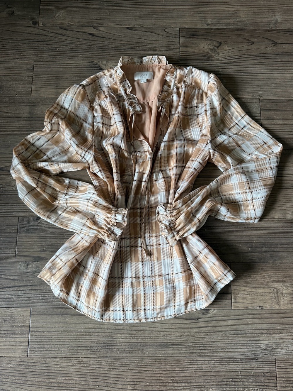 LOFT Beige and White Plaid Ruffle-Neck Button Down Blouse